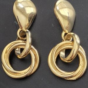 1990s Vintage Chainlink Hoop Goldtone Double-Loop Dangle Earrings Pierced Ears